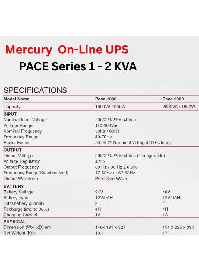 Mercury Pace Online UPS Tower, 1000VA/900W-2000VA/1800W, LCD Display, Built-in 12V/9AH Batteries, RS232, HID USB, SNMP Slot (MERCURY PACE 1000VA/900W) - Image 4